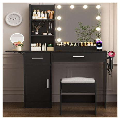 43.3" Vanity Desk With Stool, Mirror And Lights