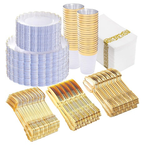 350 Piece Clear and Gold Plastic Disposable Dinnerware Set