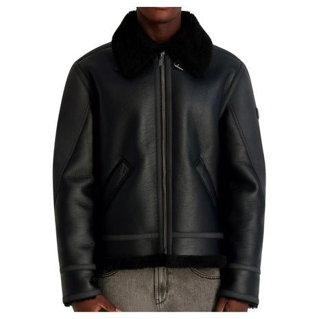 Karl Lagerfeld Paris Men's Faux Leather Sherpa Lined Collared Jacket