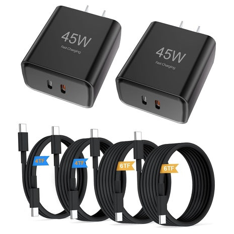 2-Pack 45W Dual-Port Type C Fast Charger W/ 4ft & 6ft Cables