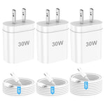 3 Pack 30W USB-C Wall Charger Blocks with 6ft & 10ft Cables