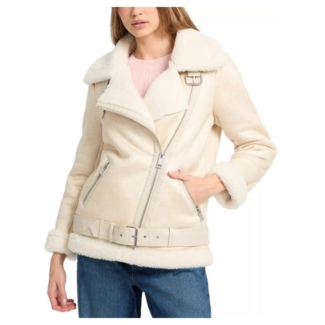 Guess Women's Faux Shearling Asymmetric Moto Coat