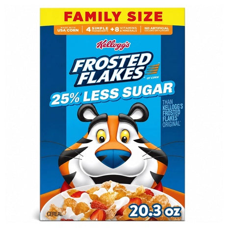2 Family Size Boxes Kellogg's Frosted Flakes 25% Less Sugar Cereal