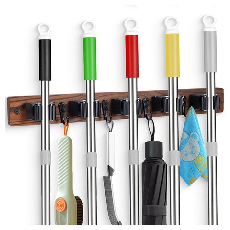 Wall-Mounted Broom & Mop Holder with 5 Slots & 4 Hooks
