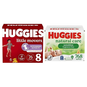 Size 8 Huggies Little Movers, 76 Diapers + 768 Wipes