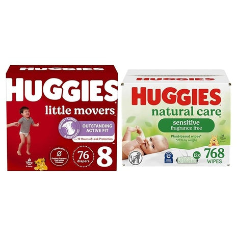 Size 8 Huggies Little Movers, 76 Diapers + 768 Wipes