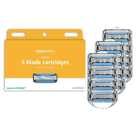 12-Count Amazon Basics Men's 5-Blade Razor Refills w/ Dual Lubrication & Precision Beard Trimmer