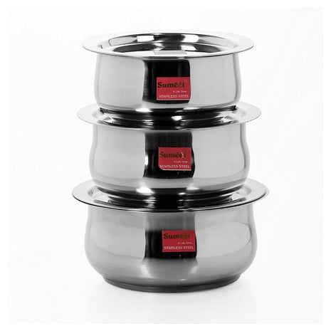3-Piece Sumeet Stainless Steel Cookware Set With Lid (1.1Ltr, 1.4Ltr, 1.75Ltr)