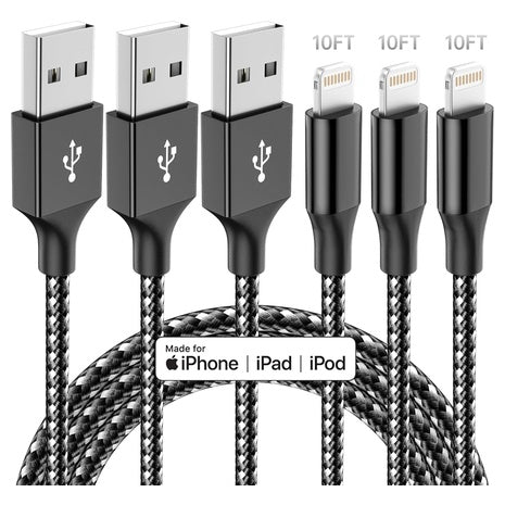 3 Pack 10-Ft MFi Certified Apple Chargers