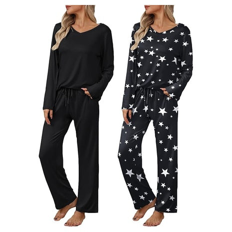 2-Pack Ekouaer Women's Long Sleeve Pajamas Top & Pants Set