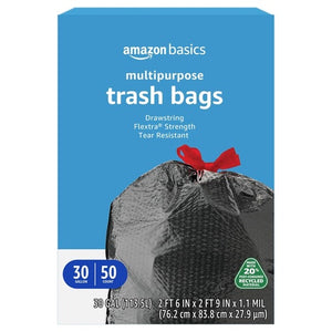 50 Amazon Basics 30 Gallon Flextra Strength Multipurpose Drawstring Trash Bags, 20% Post Consumer Recycled, Black, Unscented