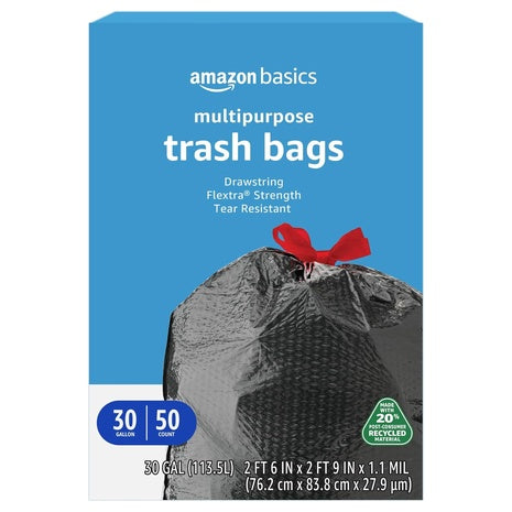 50 Amazon Basics 30 Gallon Flextra Strength Multipurpose Drawstring Trash Bags, 20% Post Consumer Recycled, Black, Unscented