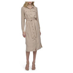 DKNY Women's Long Sleeve Belted Midi Shirtdress (Beige)