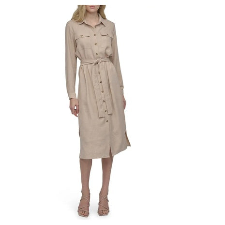 DKNY Women's Long Sleeve Belted Midi Shirtdress (Beige)