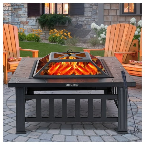 Outdoor Fire Pit Table with Grill, Lid & Cover