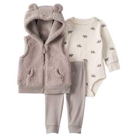 Baby Boy 3-Piece Bear Print Sleeveless Jacket, Bodysuit & Pant Set