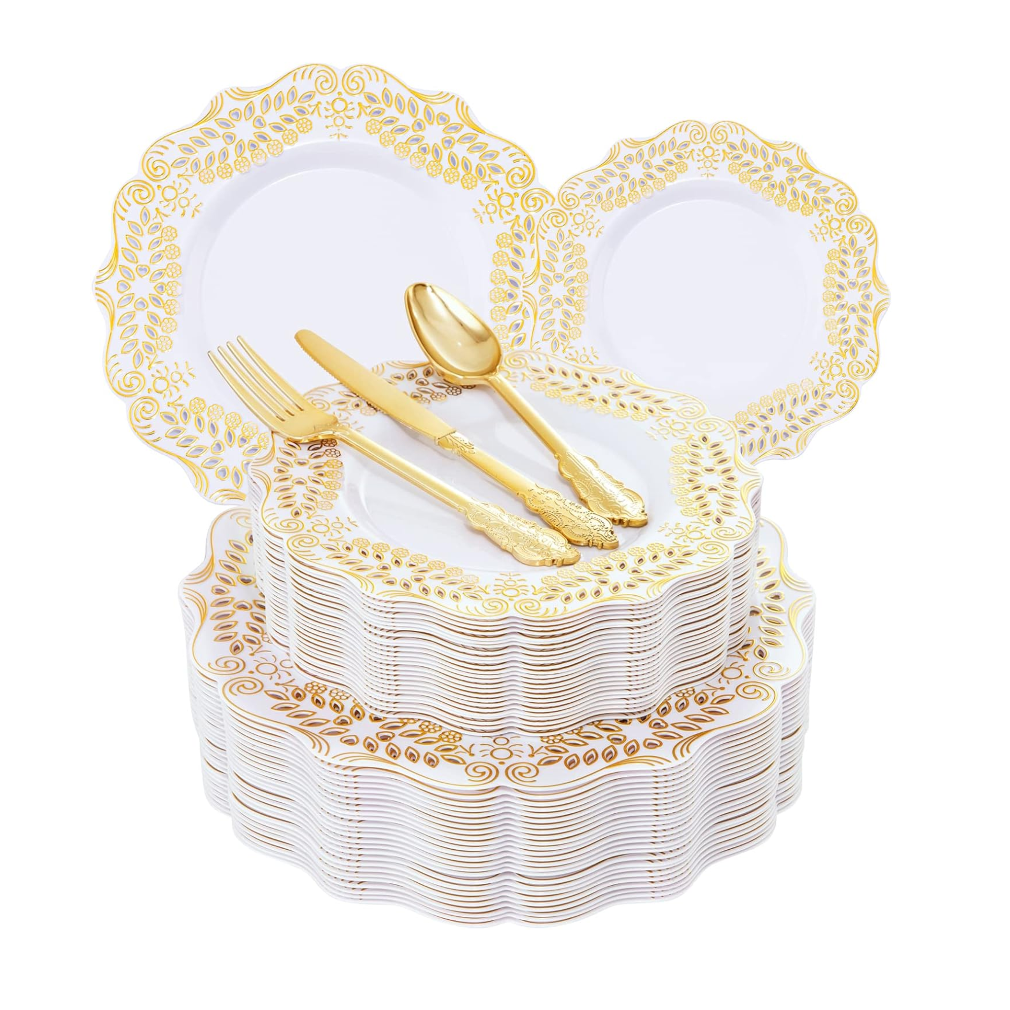 125 Pieces White and Gold Plastic Disposable Dinnerware Set