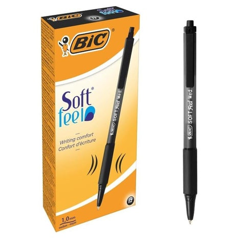 12 BIC Soft Feel Black Ballpoint Pens