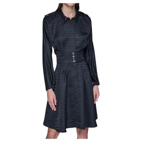 Karl Lagerfeld Paris Women's Tonal Long-Sleeve Collared Jacquard Dress`