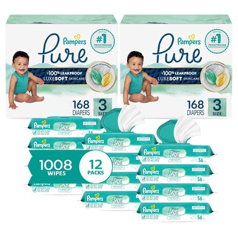 (Sizes 3-6) 2 Month Supply of Pampers Pure Protection Diapers with 672 Aqua Pure Sensitive Baby Wipes