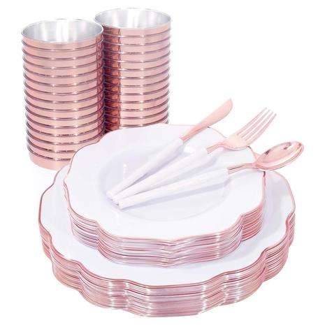 180 Piece Disposable White & Rose Gold Dinnerware Set