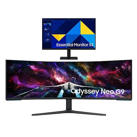 57" Odyssey Neo G9 Dual 4K Curved Gaming Monitor + 27" Essential 1080p 100Hz IPS Monitor