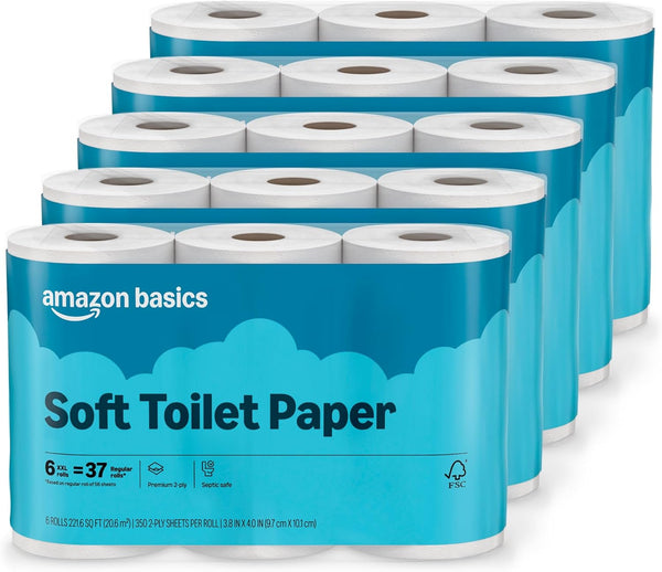30 Rolls (=182 Reg) Amazon Basics Soft Toilet Paper