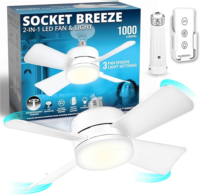 Bell + Howell Socket Fan Indoor White Socket Ceiling Light Fan with Remote