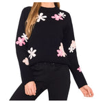CeCe Women's Crewneck Flower Patterned Knit Long-Sleeve Sweater