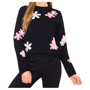 CeCe Women's Crewneck Flower Patterned Knit Long-Sleeve Sweater