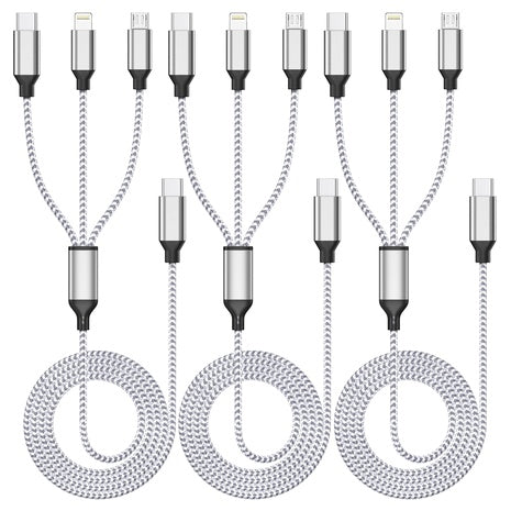 3-Pack Multi USB-C Port 3-in-1 Charging 4ft Cable