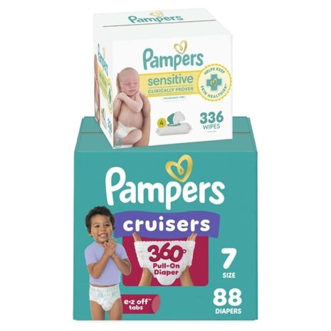 Size 7 Pampers Cruisers 360 Pull-On Diapers, 88 Diapers + 336 Wipes