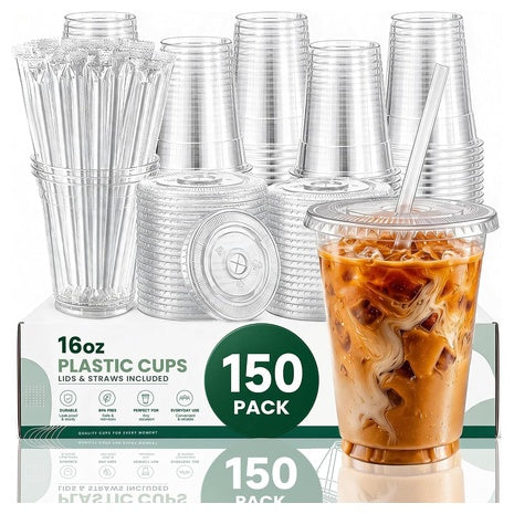 150 16oz Plastic Cups With Lids & Straws