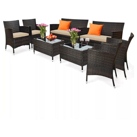 8-Piece Patio Rattan Conversation Furniture Set With Gray Cushion