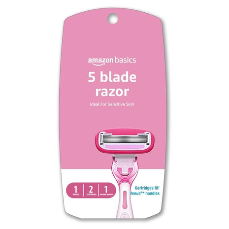 Amazon Basics Women's 5 Blade FITS Razor Handle w/ 2 Cartridges & 1 Shower Hanger