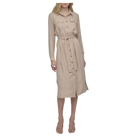 DKNY Women's Long Sleeve Belted Midi Shirtdress (Beige)