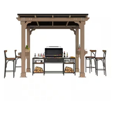 VEIKOUS 8Ft W X 5Ft D Cedar Wood Grill Outdoor Gazebo With Steel Roof