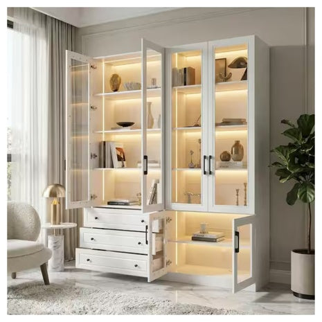 FUFU&GAGA 78.7" Tall White Wood 10-Shelf Accent Bookcase With Lights