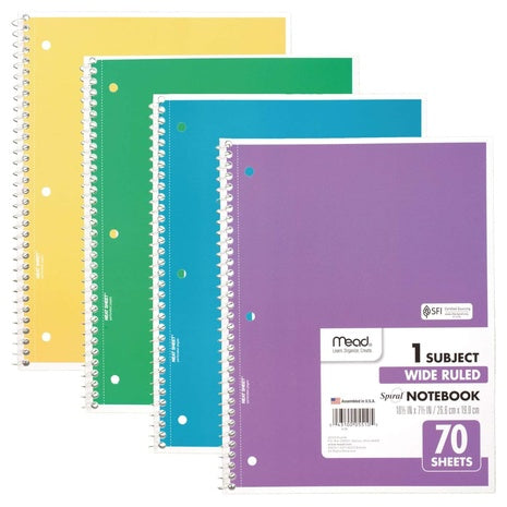 4-Pack 1-Subject Mead Spiral Wide Ruled Notebook