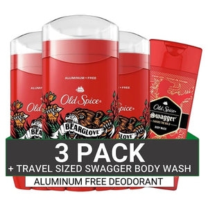 4 Old Spice Bearglove Aluminum Free Deodorant Sticks with Travel-Size Swagger Body Wash