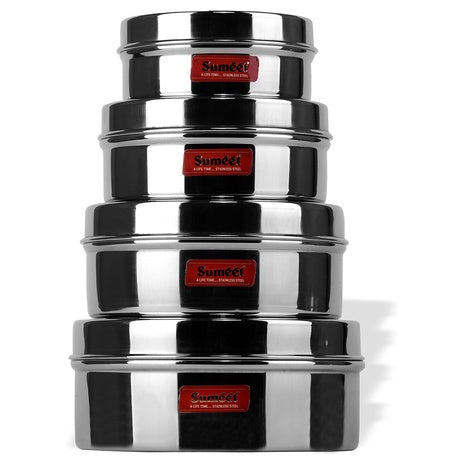 4-Piece Stainless Steel Flat Canisters/Puri Dabba/Storage Containers Set