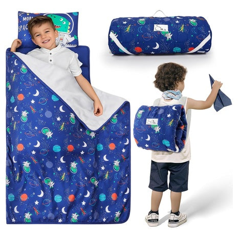 Toddler Nap Mat with Removable Pillow and Plush Blanket