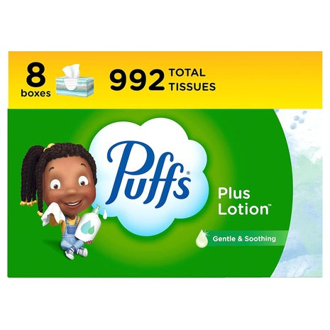 8 Family Boxes of Puffs Plus Lotion Facial Tissues