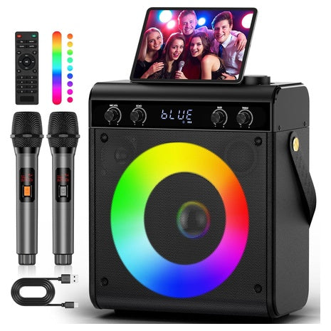 Portable Bluetooth Karaoke Machine with 2 Wireless Mics & LED Lights