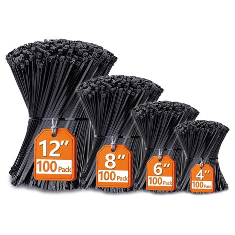 400-Pack Assorted Sizes (4"+6"+8"+12") UV Resistant Zip Wire Ties