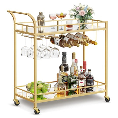 Gold Bar Serving Cart with Mirrored Shelves & Wine Holders