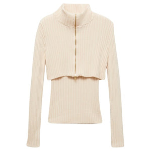Combined Ribbed Sweater With Zip