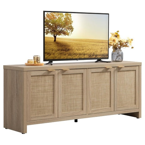65" Boho TV Stand With 4 Rattan Cabinets & Storage