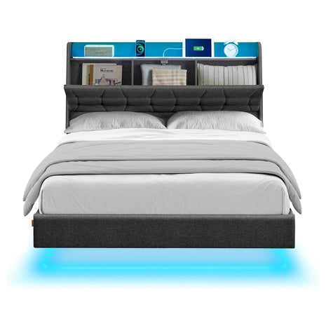 Upholstered Floating Bed Frame with Storage & Charging Station