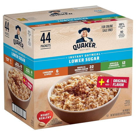 44 Packets Quaker Instant Oatmeal Lower Sugar Variety Pack